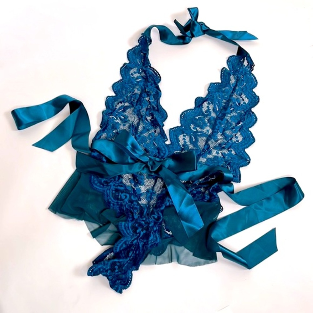 SHEIN blue lace teddy with bows lingerie